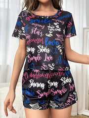 Letter Print Lounge Set Short Sleeve Crew Neck Top & Elastic Waistband Shorts