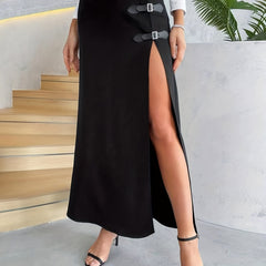 Solid High Waist Split Skirt Sexy Buckle