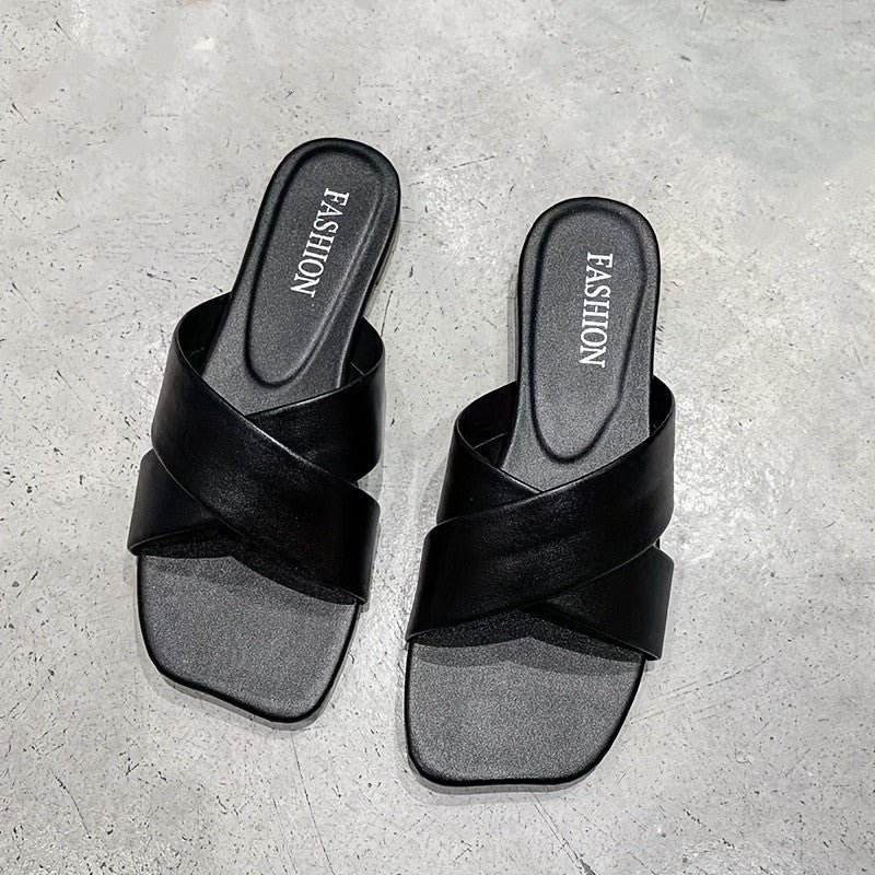 Women's Letter Pattern Square Toe Slides Flat Slippers