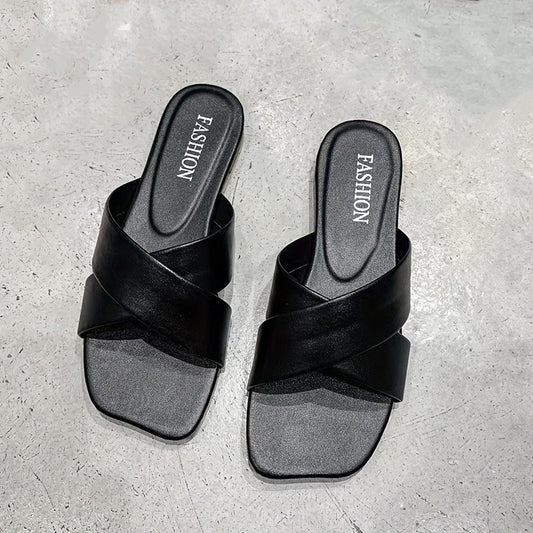Women's Letter Pattern Square Toe Slides Flat Slippers