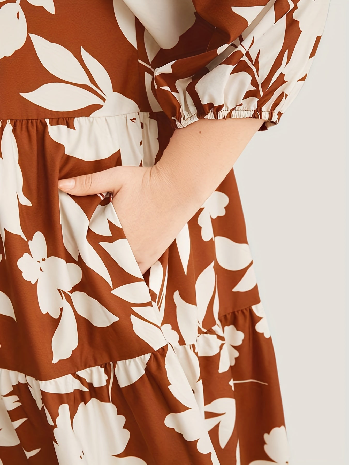 Women's Plus Leaf Print Half Sleeve Round Neck Keyhole Tie Dress