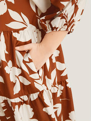 Women's Plus Leaf Print Half Sleeve Round Neck Keyhole Tie Dress
