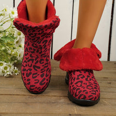 Leopard Print Winter Fleece Lining Snow Boots Non slip Mid Calf Boots