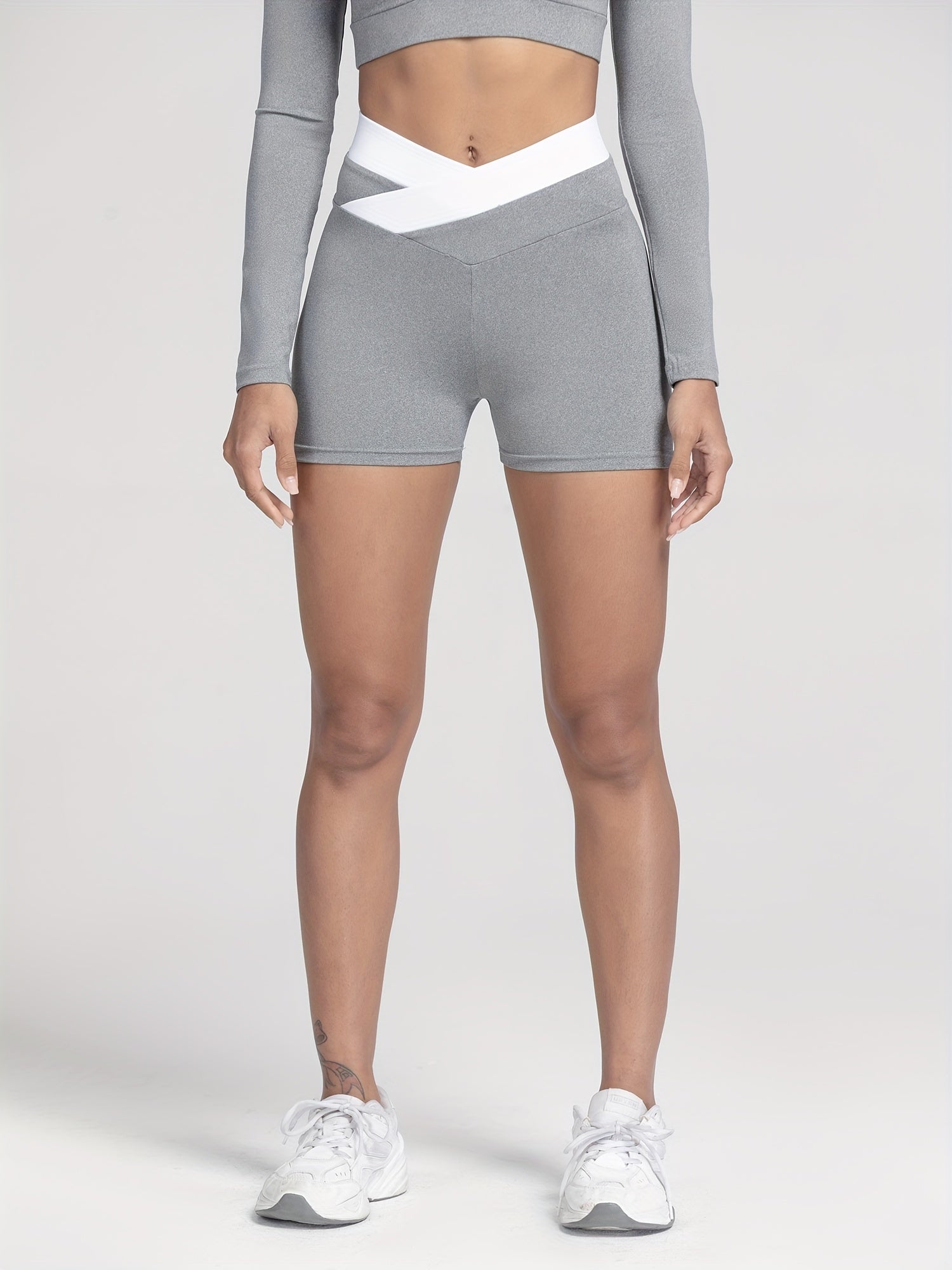 Women's Contrast Cross Waist Sports Shorts - Comfortable Activewear