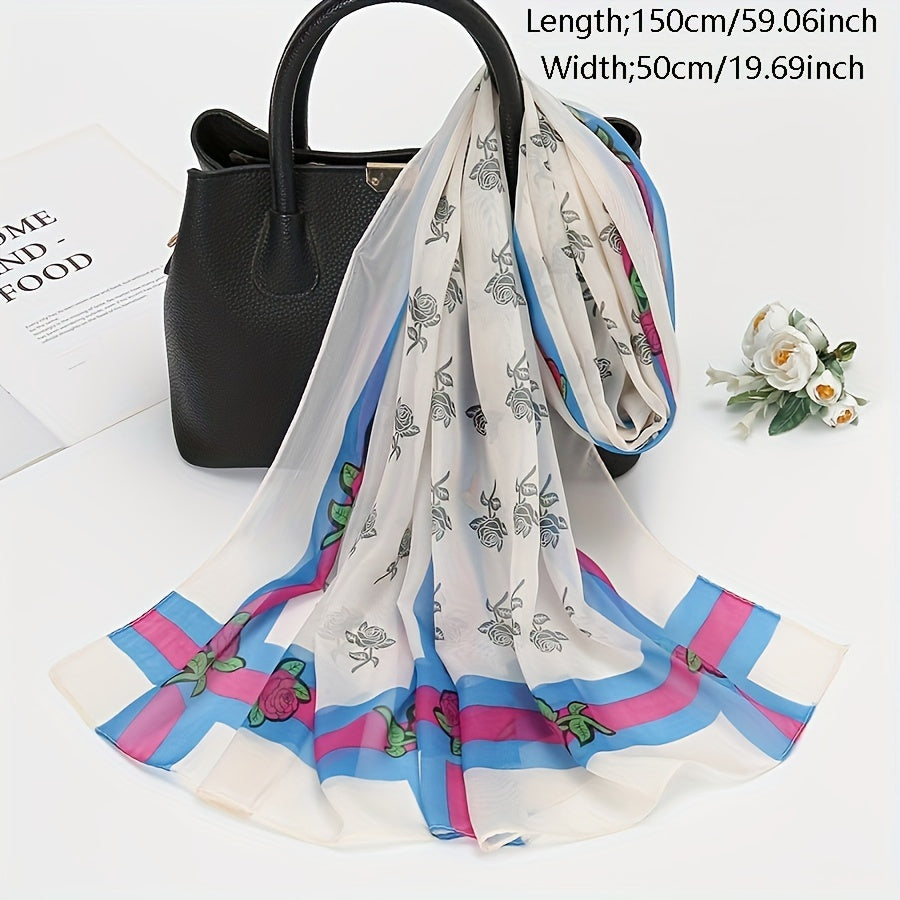 Stylish Flower Chiffon Scarf Wide Stripe Print Shawl Sunscreen Head Wrap
