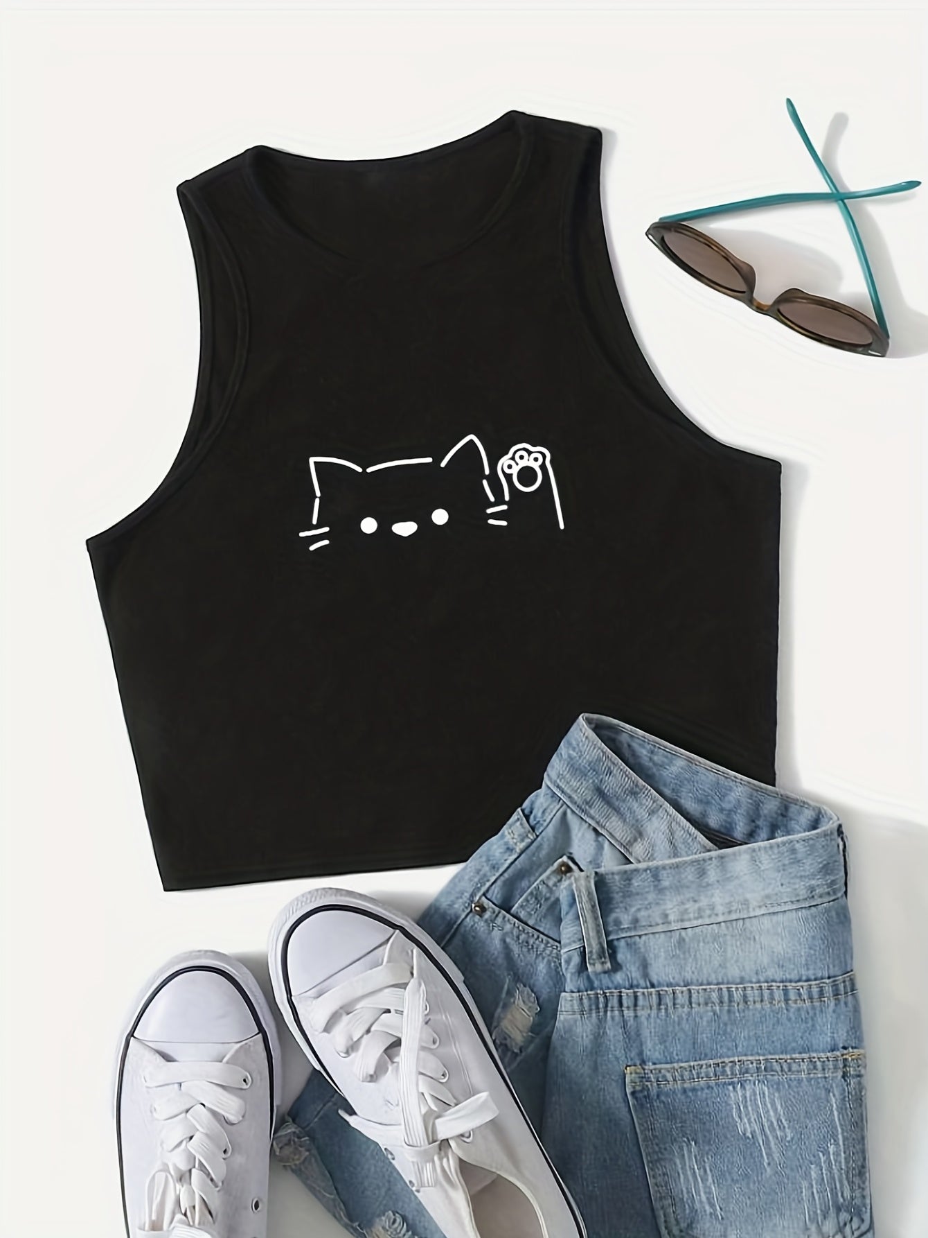 Cartoon Cat Print Crop Tank Top Sleeveless Sexy Summer Casual Top
