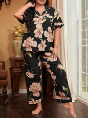 Floral Pajama Set Short Sleeve Button Up Plus Size Loungewear
