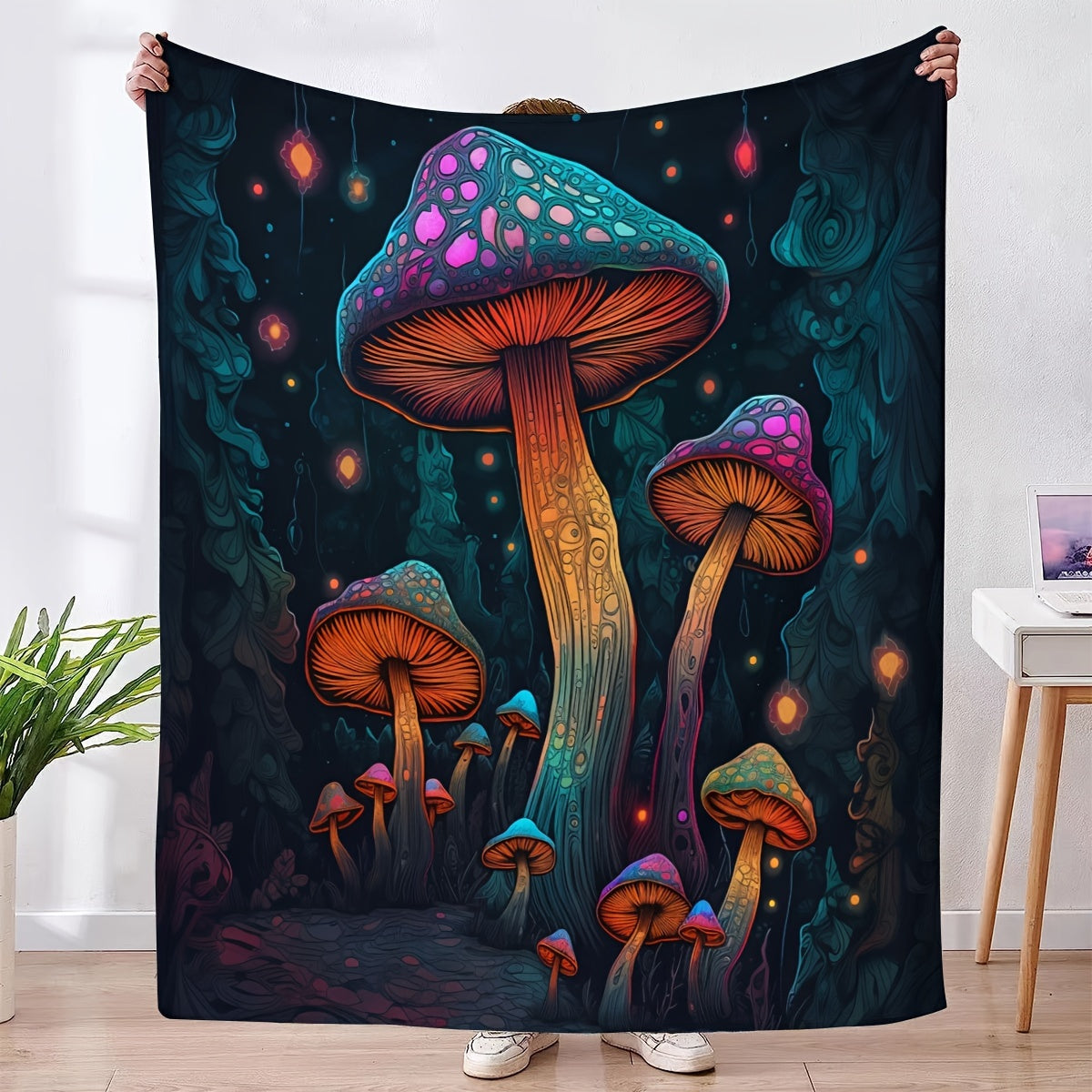 Mushroom Printing Flannel Warm Throw Blanket Outdoor Home