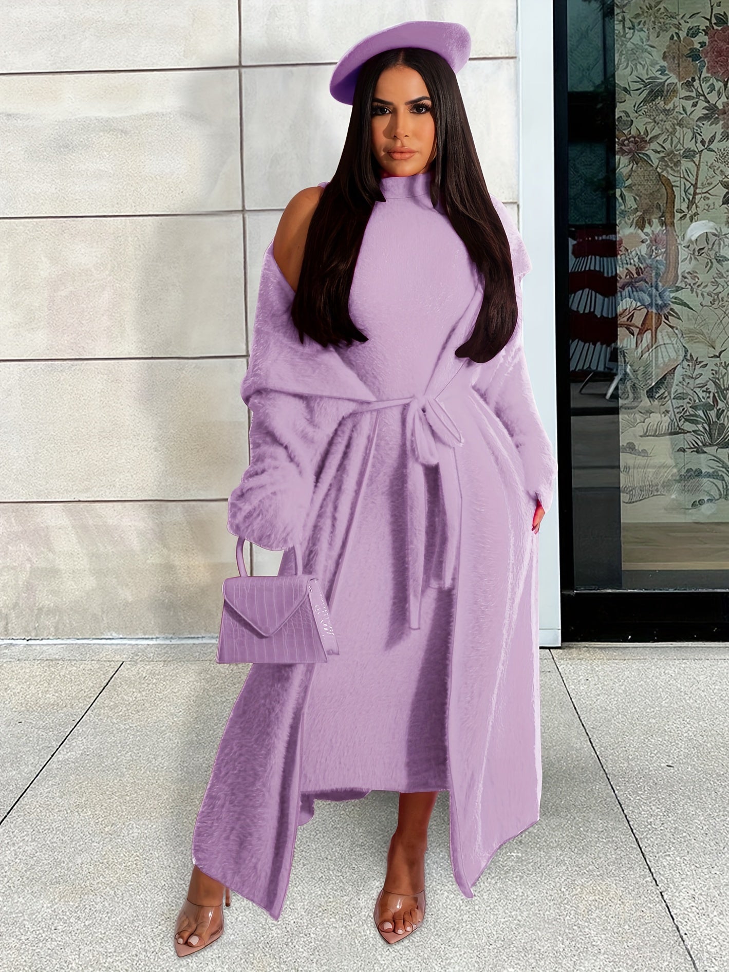 Solid Flannel Cardigan & Midi Dress Set
