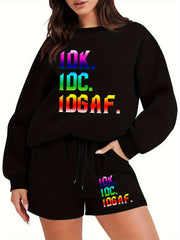 Women's Ombre Letter Print Fleece Pullover & Shorts Set