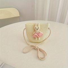 Girls Rabbit Flower Straw Bag Crossbody Bag Messenger Bag Coin Purse