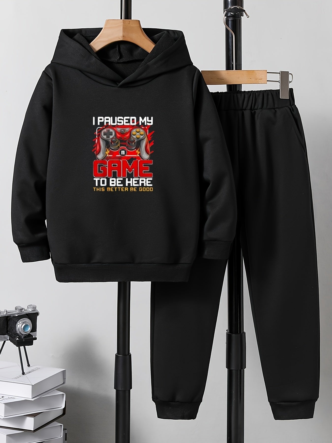Boys Gamepad Print Hooded Sweatshirt & Sweatpants Set