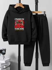 Boys Gamepad Print Hooded Sweatshirt & Sweatpants Set