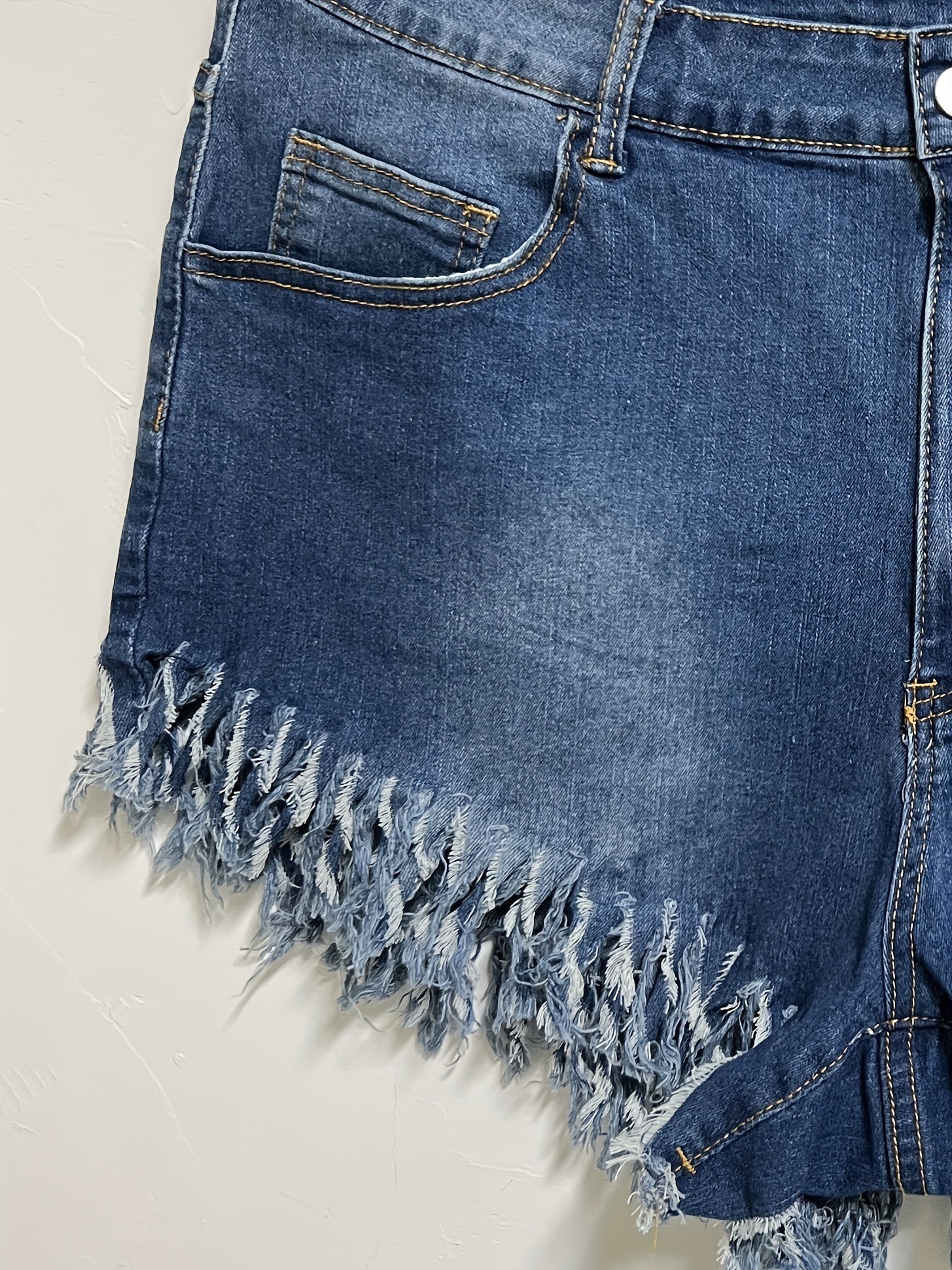 Washed Button Fly Denim Shorts with Fringe Trim