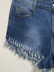 Washed Button Fly Denim Shorts with Fringe Trim