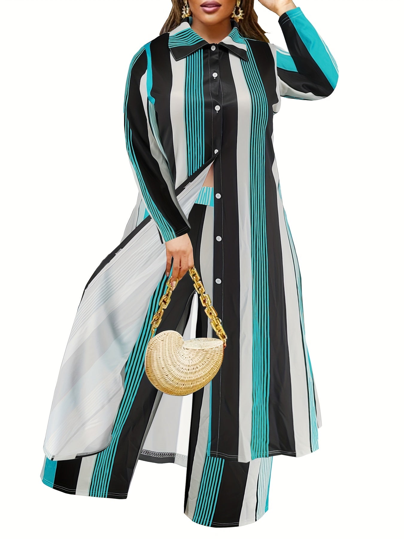 Women's Plus Striped Shirt Dress & Wide Leg Pants Set