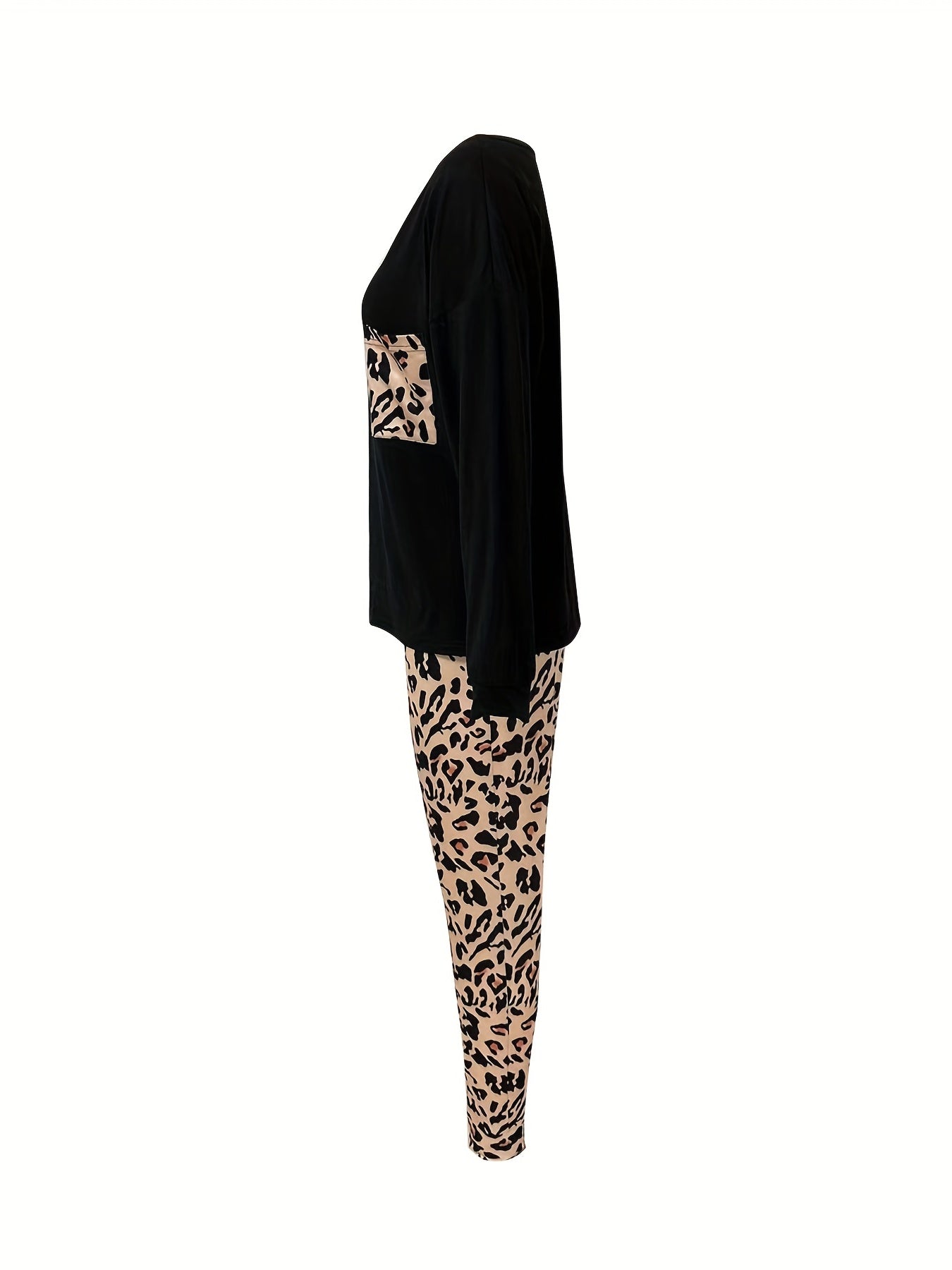 Leopard Print Lounge Set Long Sleeve Top & Pants Women's Loungewear