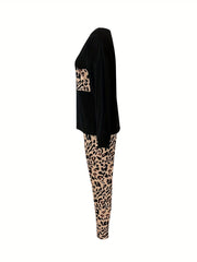 Leopard Print Lounge Set Long Sleeve Top & Pants Women's Loungewear