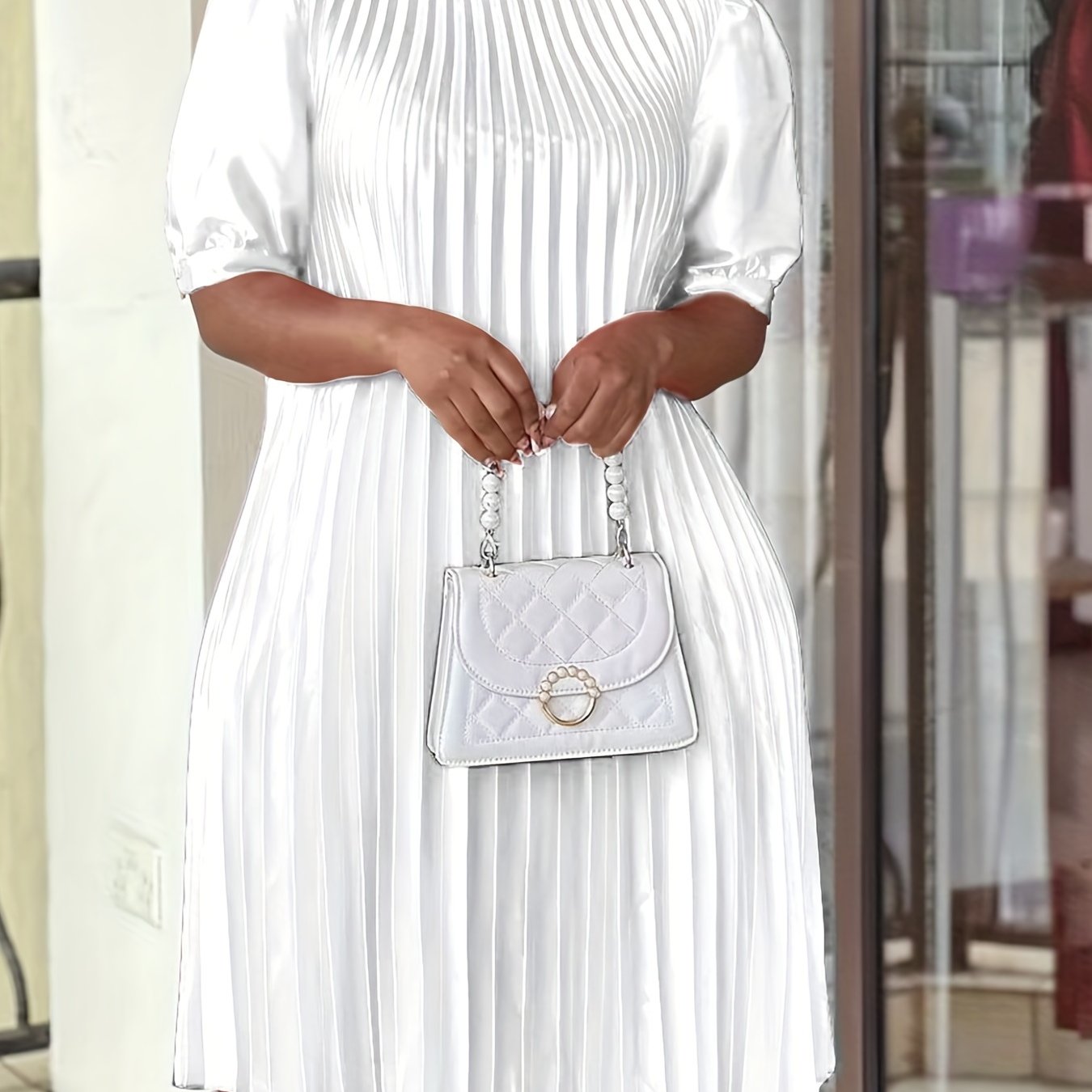 Pleated Knotted Dress Crew Neck Solid Dress Women's Clothing