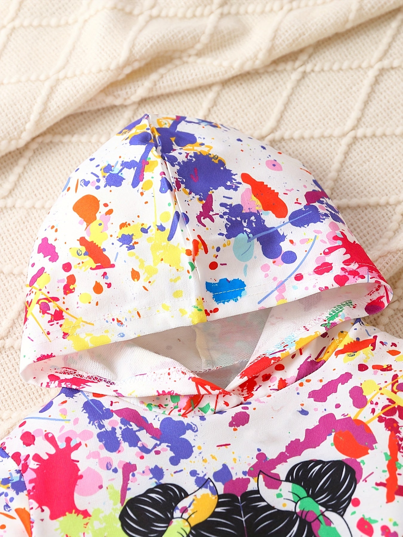 Girl's Paint Splash Pattern Cartoon Girl Hoodie & Sweatpants Set