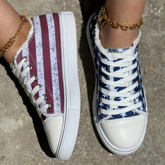 Women's Star & Striped Pattern Canvas Shoes Casual Lace Up Outdoor Sneakers