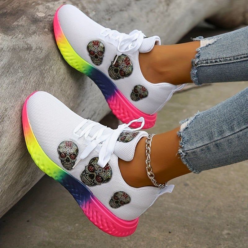 Women's Skull Pattern Sneakers Lace Up Low Top Mesh Shoes