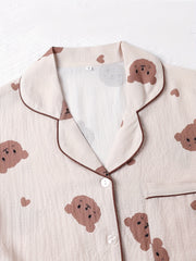 Bear Print Pajama Set Long Sleeve Top & Pants Women's Sleepwear