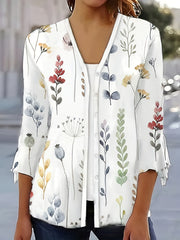 Floral Print Button Front Blouse Three Quarter Sleeve Cardigan