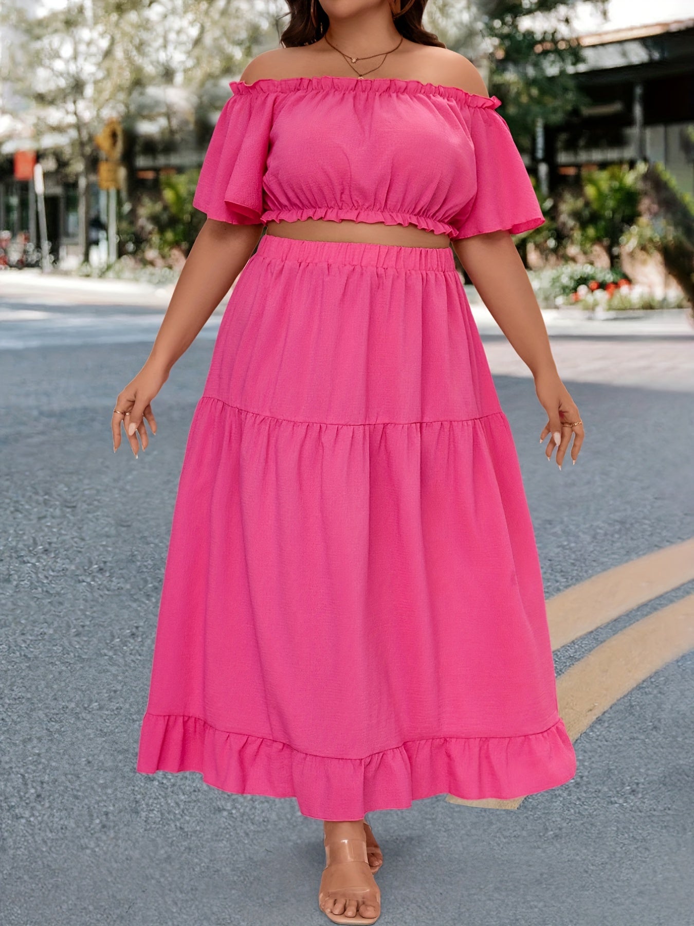 Women's Off Shoulder Crop Top & Maxi Skirt Two Piece Set