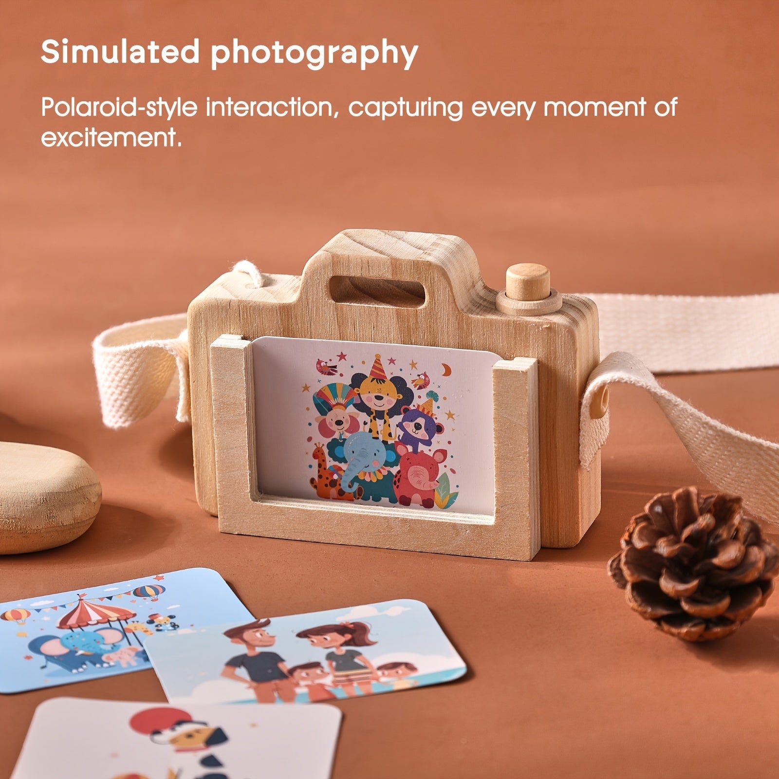 Wooden Cartoon Camera Toy for Kids with Strap and Cards