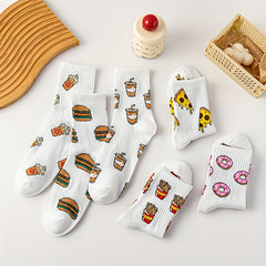 6 Pairs Cartoon Food Print Socks Funny Mid Tube Women's Stockings