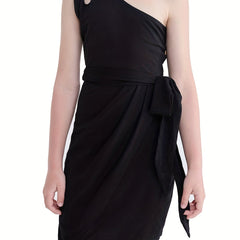 One Shoulder Cut Out Bodycon Dress with Belt for Girls