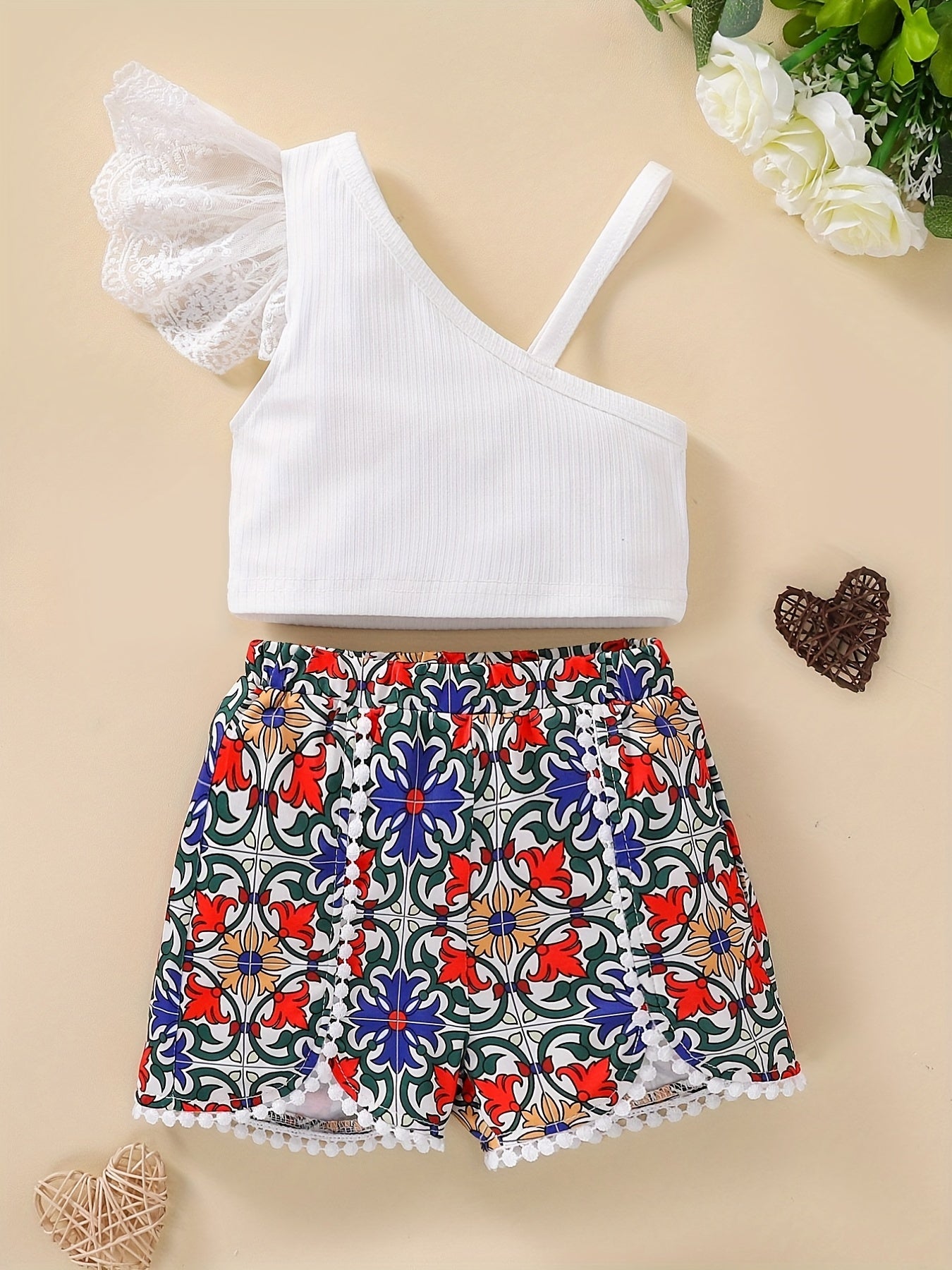 Toddler Baby Girls Lace Crop Top & Geo Graphic Shorts Set