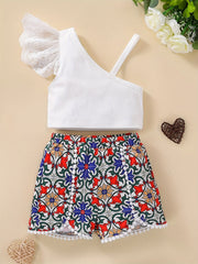 Toddler Baby Girls Lace Crop Top & Geo Graphic Shorts Set