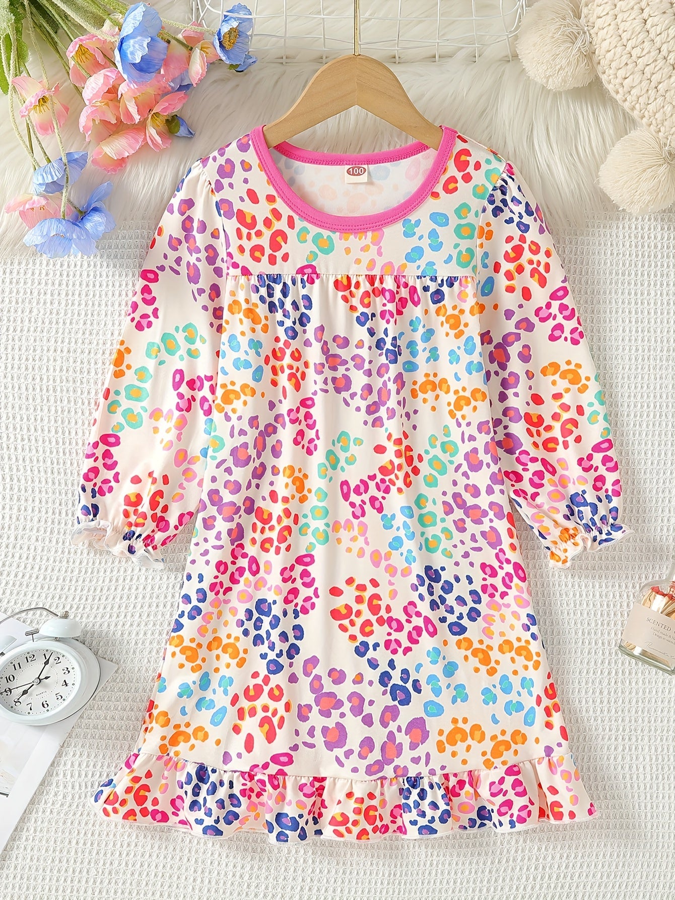 Girl's Dancing Girl Print Pajama Nightdress Round Neck Long Sleeve Dress