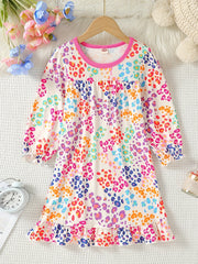 Girl's Dancing Girl Print Pajama Nightdress Round Neck Long Sleeve Dress
