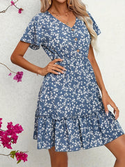 Casual Dress Women's Plus Ditsy Print Button Decor Short Sleeve V Neck