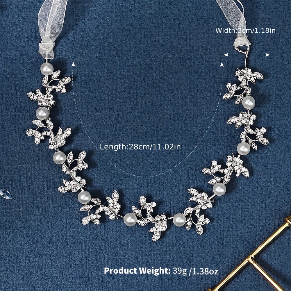 Faux Pearl & Rhinestone Leaf Headband Adjustable Bridal Hair Accessory