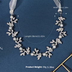 Faux Pearl & Rhinestone Leaf Headband Adjustable Bridal Hair Accessory