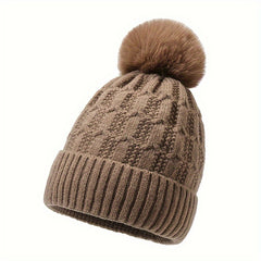 Winter Thickened Knitted Hat With Pom
