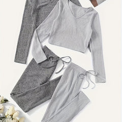 Solid Ribbed Lounge Set V Neck Top & Elastic Waistband Pants