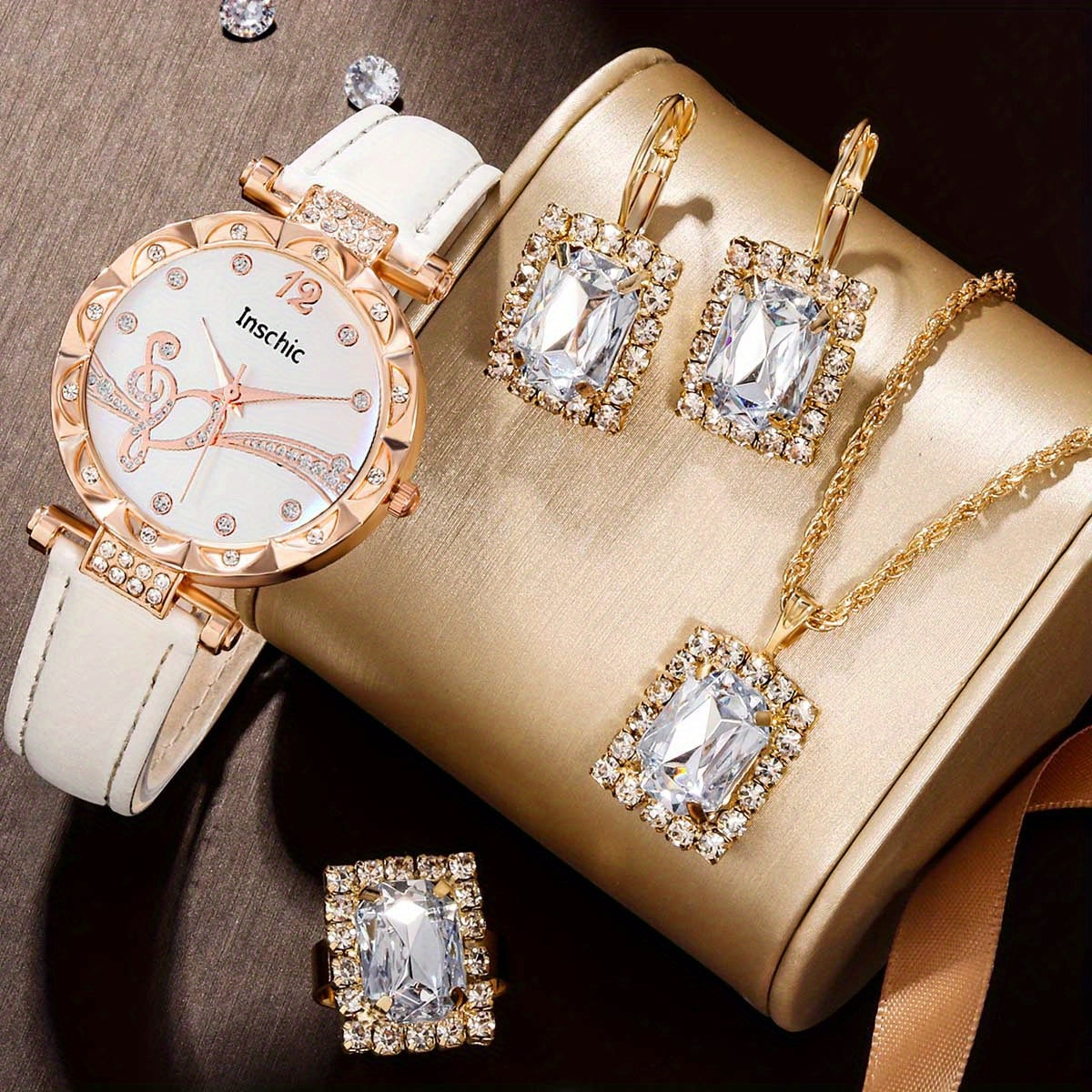 5pcs Square Rhinestone Junior High School Students Leather Quartz Watch Set