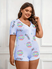 Donut & Letter Print Pajama Romper Short Sleeve V Neck Loungewear