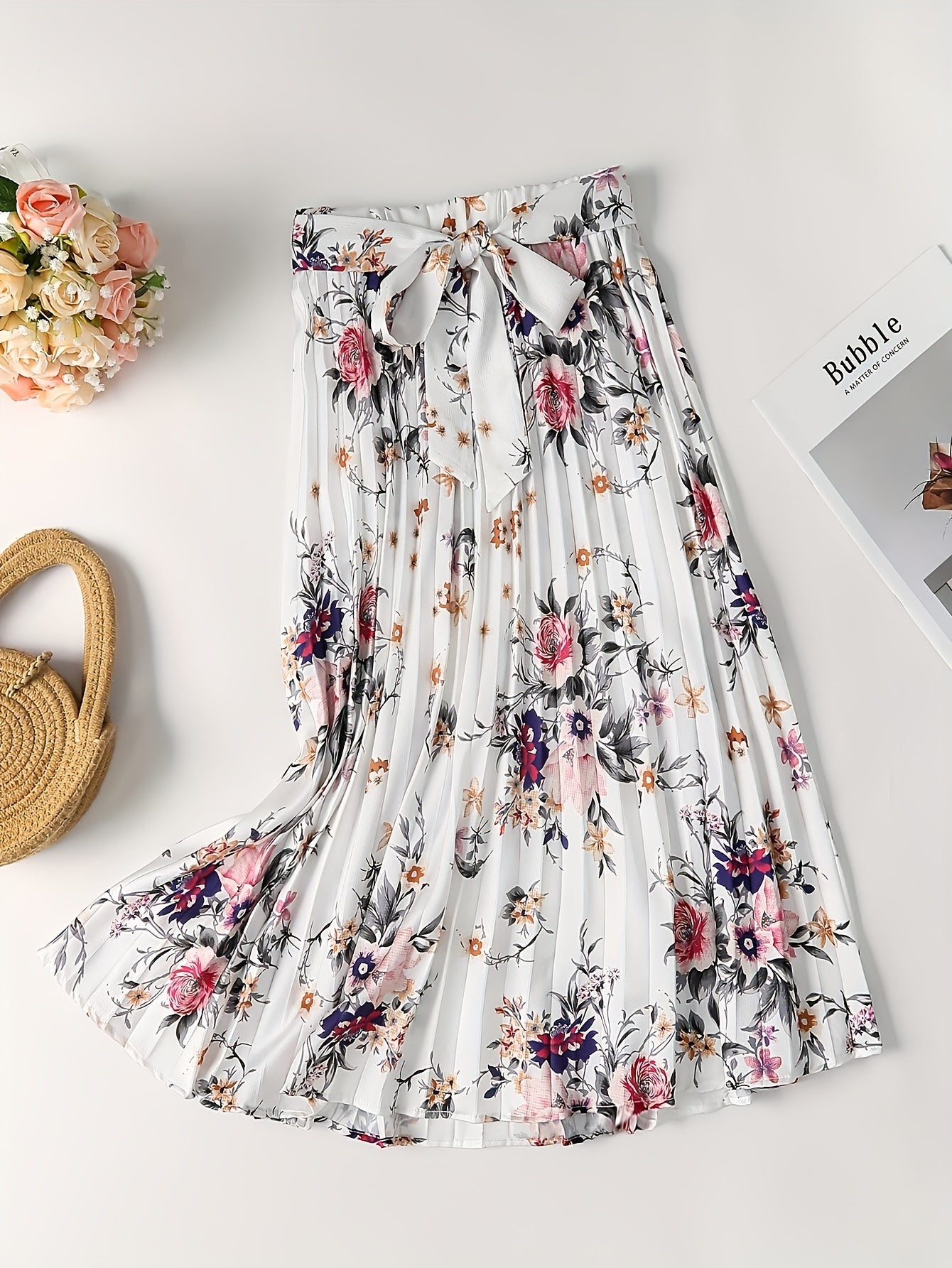 Vintage Floral Print Skirts Pleated Tie Waist Daily Skirts Women's Clothing