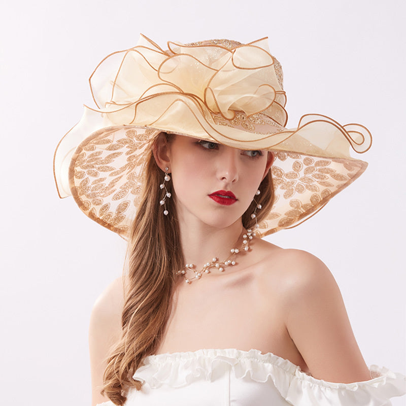 Wide Brim Organza Sun Hat Sequins Embroidery Bridal Wedding Cap