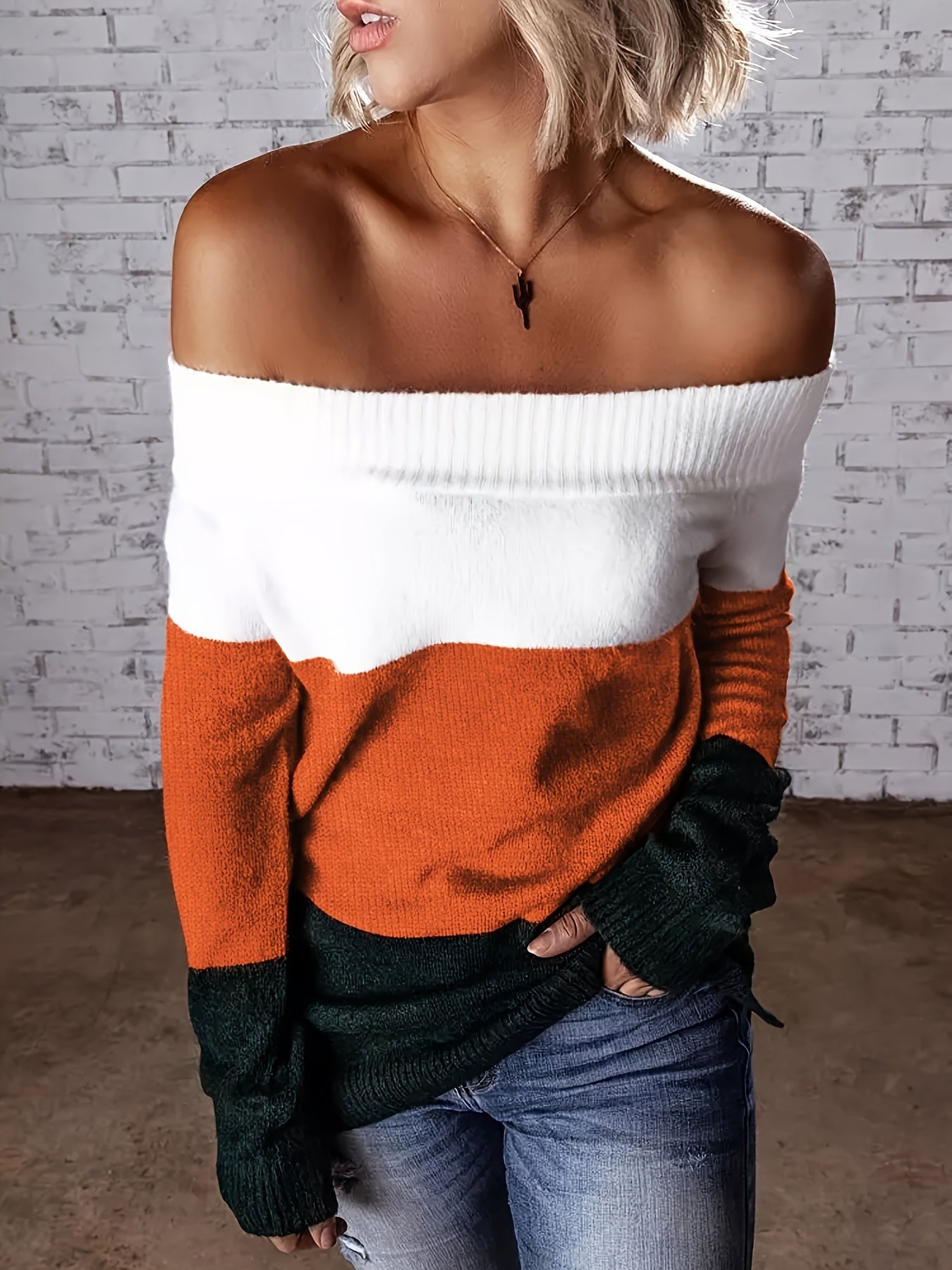 Colorblock Off Shoulder Sweater