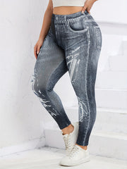 Denim Print Slim Pants Casual High Waist Long Length