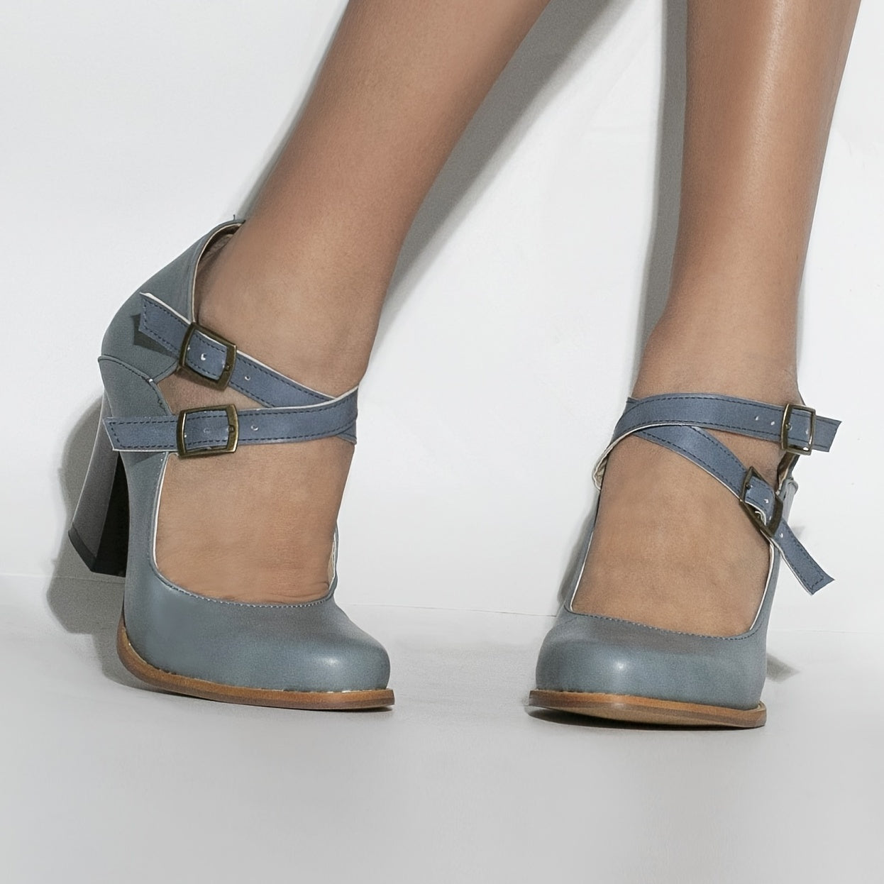Solid Point Toe Double Strap Chunky Heel Shoes Comfy Dress Shoes