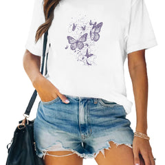 Butterfly Print Casual T-shirts Crew Neck Short Sleeve Graphic Tee Women's Tops