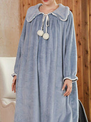 Ruffle Plush Nightdress Court Style Long Sleeve Pompom Decor Pajama Dress